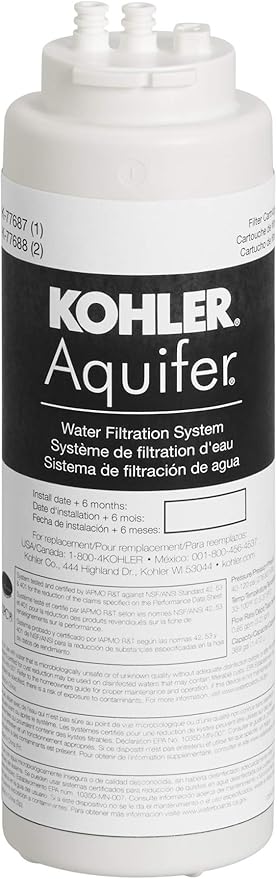 KOHLER 77687-NA Water Filter, Aquifer Single Replacement Filter Cartridge (1 Pack), 1 Count (Pack of 1), White