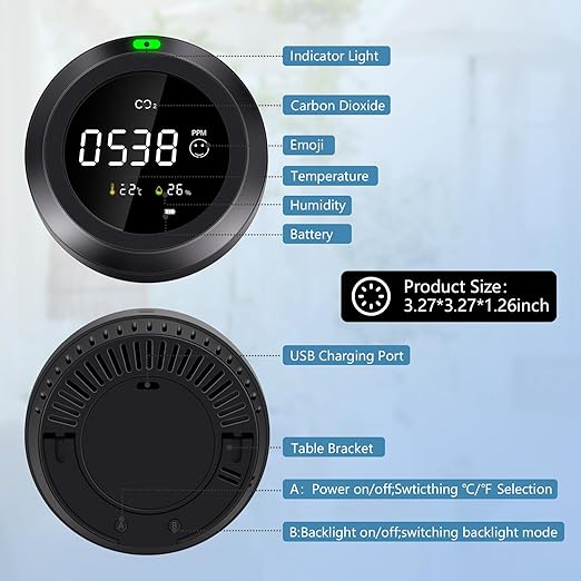 Indoor Air Quality Monitor Test CO2, Temperature & Humidity, Easy Calibration Carbon Dioxide Monitor, CO2 Meter with Real-Time Readings for School, Homes, car, Travel