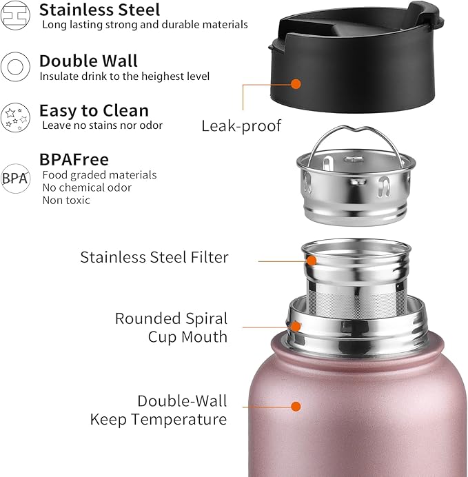 Sivaphe Infuser Water Bottle with Removable Strainer for loose leaf Tea 18/8 Stainless Steel 32 oz Insulated Tea Tumbler Gift for Women Rosegold