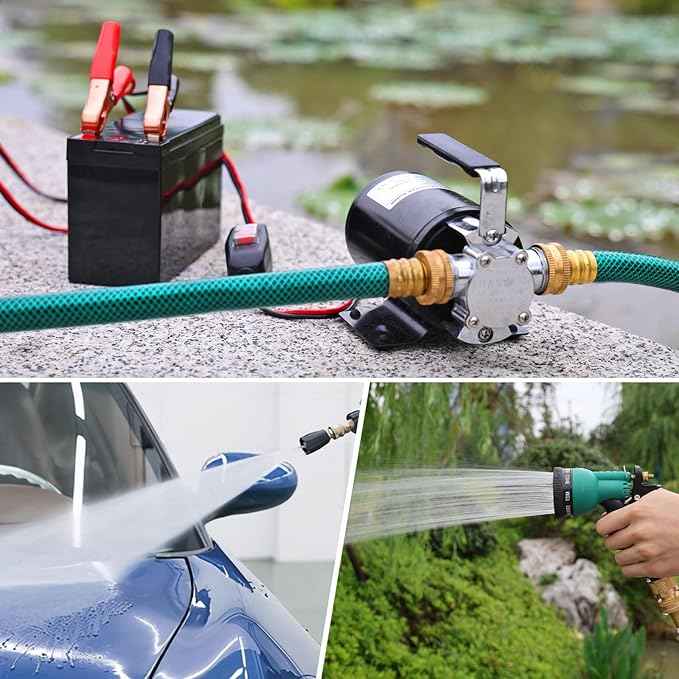 12 Volt Water Pump, Portable Transfer Pump, 330GPH Larger Flow, 1/10HP Electric Utility Pump with On/Off Switch, 2 * 6’ Water Hose Kit for Garden Pools Aquariums Hot Tub