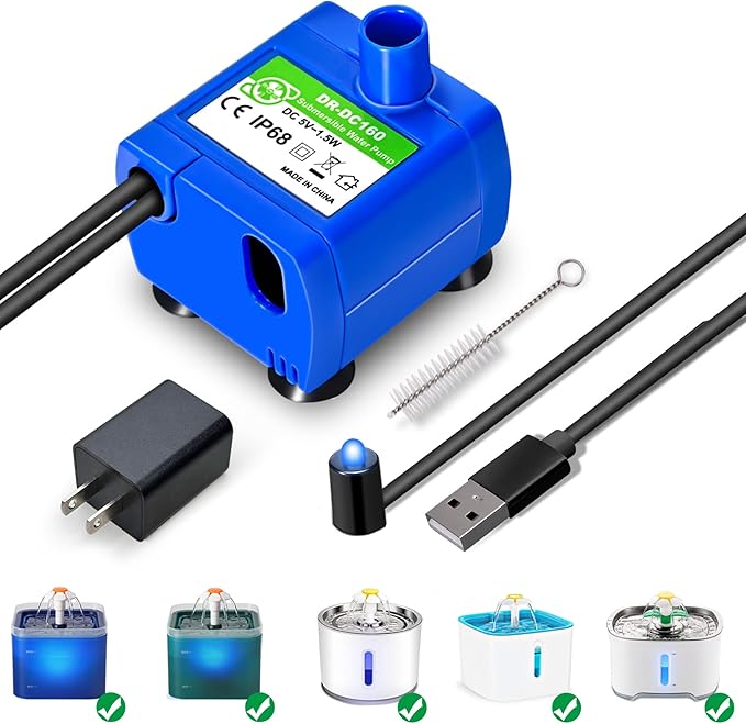 Cat Water Fountain Pump, Pet Water Fountain Pump Compatible Motor, DR-DC160 for Cat Drinking Fountain Cat Water Dispenser Replacement (with LED&Adapter&Brush)