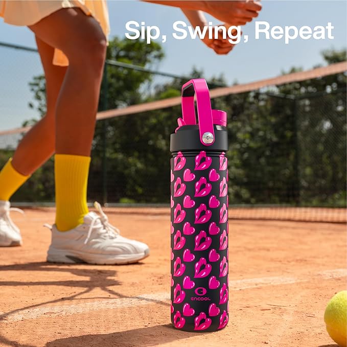 ENCOOL Valentine's Day Insulated Water Bottle with Straw Stainless Steel Water Bottle, Leak-Proof, BPA-Free, Keeps Cold for 24 Hours for Sports, Travel, School (26 oz, Kiss Love Pink x Black)