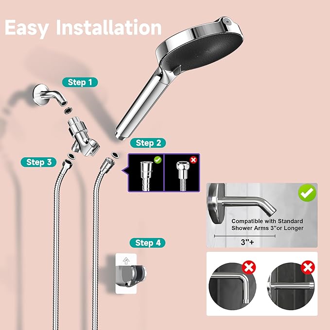 6“ Filtered Shower Head with Handheld, 6-Spray High Pressure Shower Head with Filter for Hard Water, Detachable Handheld Showerhead with Hose and Shower Arm Bracket, Chrome-Black - AquaVibe
