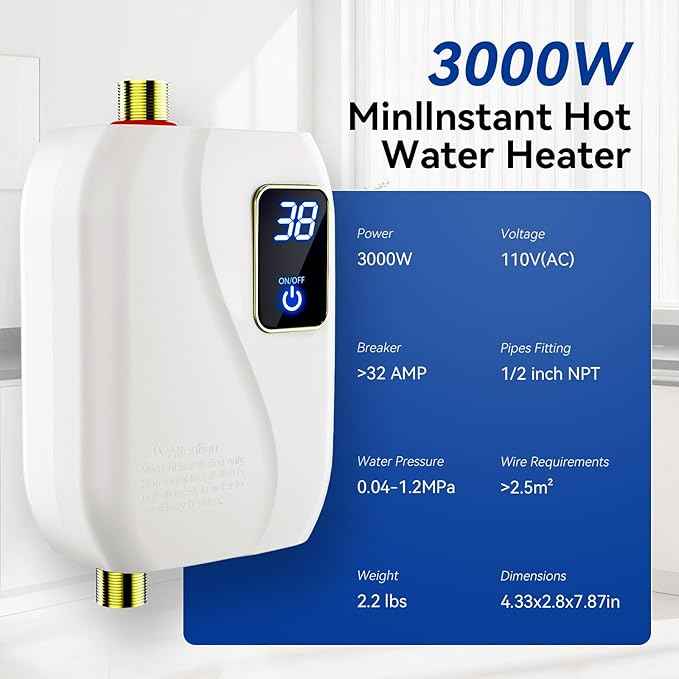 110V Tankless Water Heater Electric, 3000W Tankless Electric Water Heater Instant, Under Sink Water Heater with Digital Display, On Demand Hot Water Heaters Electric for Kitchen Washin Bathroom
