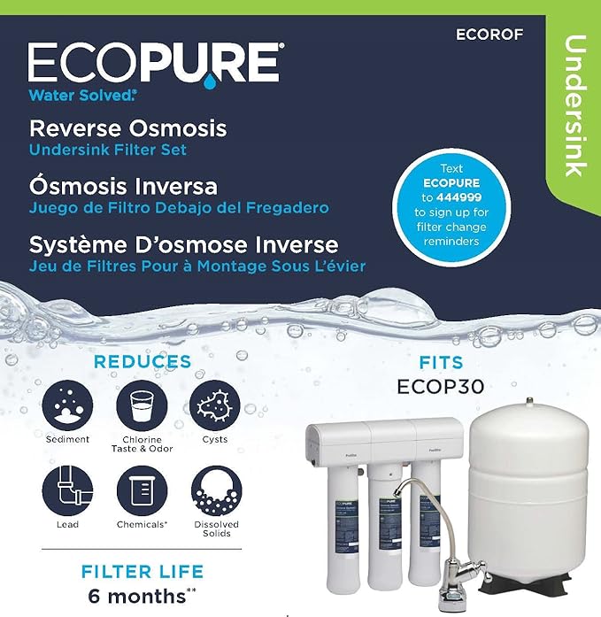 EcoPure Reverse Osmosis Under Sink Replacement Water Filter Set (ECOROF) | NSF Certified | Fits ECOP30 System | 6-Month Filter Life (Pack of 2)