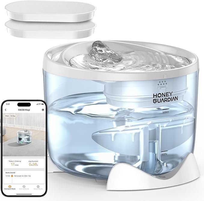 HoneyGuardian Cat Water Fountain,Battery Operated Smart Pet Fountain, Pumpless Cat Water Dispenser, 2.5L/84oz Automatic Water Dispenser for Drinking,5G WiFi