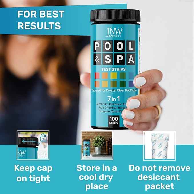 JNW 7-in-1 Pool Test Strips, 100 Quick & Accurate Test Strips for Pool Water, Spa Test Strips for Hot Tub, Chlorine Test Strips, Bromine, pH, Alkalinity, Hardness & More - Swimming Pool Test Kit