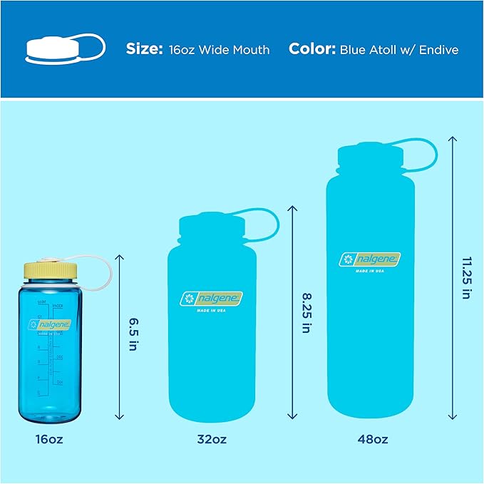 Nalgene 16 oz Wide Mouth Water Bottle | BPA-Free, Durable & Leak Proof, Lightweight, Fits In Cupholders – Thrill & Motion, Blue Atoll w/Endive