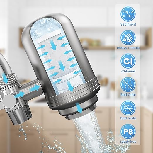 Faucet Water Filter for Sink, Rapid Flow - 400 Gallons Faucet Mount Water Filtration System for Tap Water, NSF Certified Reduces Chlorine (Grey-T2-2 Filter)