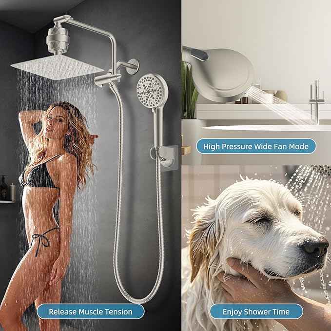 Filtered Shower Head, 10" High Pressure 10-Spray Handheld/Rainfall Shower Head Combo with 20 Stage Shower Filter, 11" Shower Extension Arm, 71" Hose, Shower Head Holder, Brushed Nickel