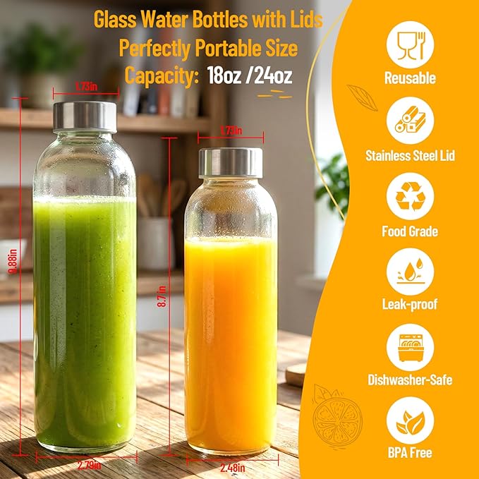 24 oz Clear Glass Bottles with Lids, Reusable Glass Water Bottles with Stainless Steel Cap for Juicing, Refrigerator,100% Leak Proof, BPA Free, Juice Water Bottle Set of 6