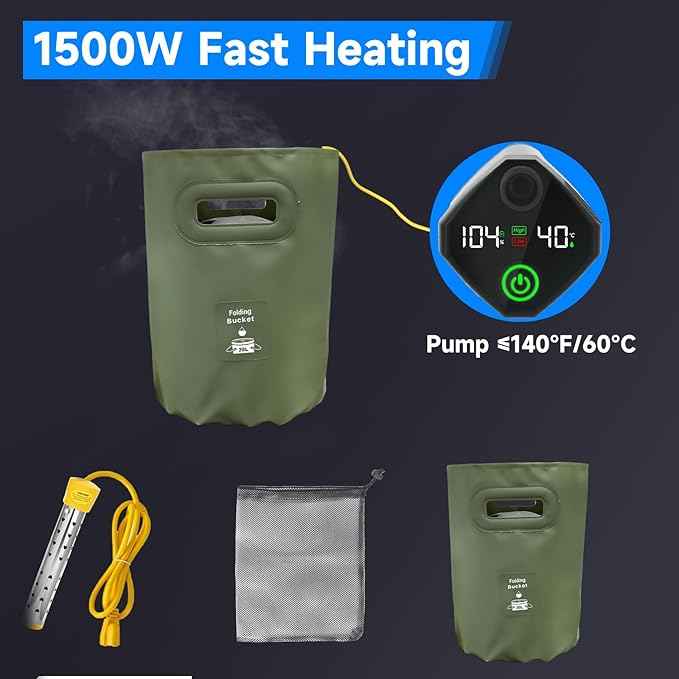 Portable Shower with Heater, 6000mAh Battery-Powered Portable Camping Shower Pump with 1500W Auto-Off Heater, 5.3Gal Foldable Bucket, Digital Display – Ideal for Hiking, RV, Dog Bathing