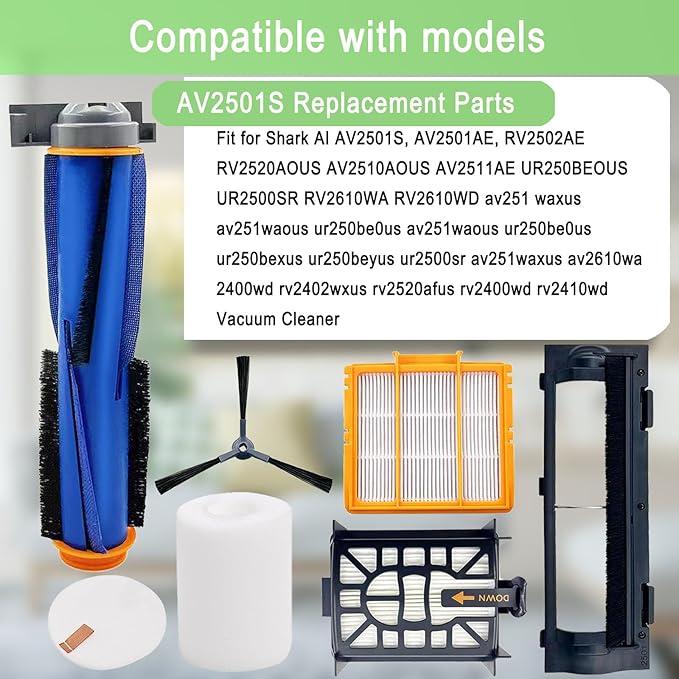Replacement Parts for Shark AI AV2501S AV2511AE AV2610WA AV2501AE RV2502AE RV2400WD AI Ultra 2- in-1 Robot Vacuum, Main Brush, Filter, Side Brush, Roller Cover, Pre-Motor Foam & Felt Filter - AquaVibe