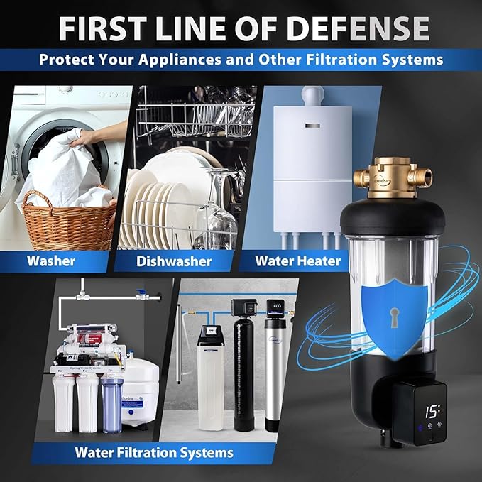iSpring WSP50ARJ, NSF Certified, Spin-Down Sediment Water Filter, Upgraded Jumbo Size, Large Capacity, Reusable with Touch-Screen Auto Flushing Module, Brass Top Clear Housing, 50 Microns
