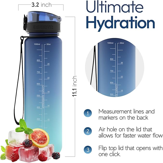 Embrava Sports Water Bottle 32oz - Fast Flow Flip Top Lid - BPA & BPS Free Leakproof Reusable - Lightweight Non-Toxic Tritan Plastic 1 Liter - Gym Hiking Office School Travel