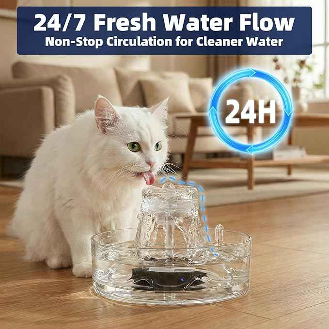Glass Cat Water Fountain 88oz/2.6L, Cat & Dog Water Fountain for Drinking, Ultra-Quiet Glass Water Fountain for Cats Indoor, Pet Water Fountain for Multi-Cat Homes, Automatic Water Dispenser for Cats