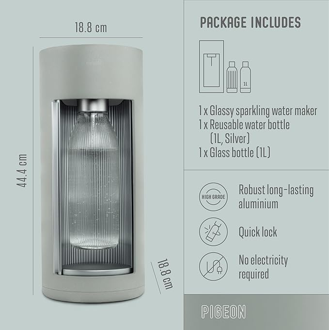New Mysoda Glassy Design Sparkling Water Maker With 1L Glass & Plastic bottle - Silent Nordic Design Soda Maker Featuring A Sliding Door Opening - No Cylinder Included - Colour Green