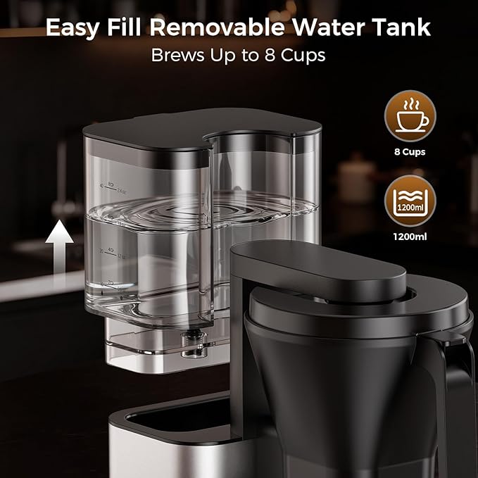 Kismile 8 Cup Drip Coffee Maker Machine, Pour Over Coffee Brew with 3s Instant Heat 197-205℉, Removable Water Tank, Adjustable Flow Control, Deep Cold Brew & Keep Warm 40 Min, Easy to Clean (silver)
