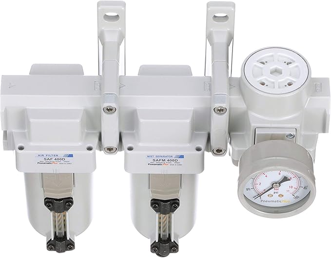 PneumaticPlus SAU430-N04DG-MEP Three Stage Air Drying System Particulate Air Filter, Coalescing Filter, Air Pressure Regulator Combo 1/2" NPT - Metal Bowl, Auto Drain, Bracket, Gauge - AquaVibe