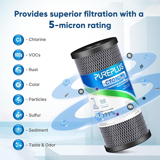 PUREPLUS 5 Micron 10"x4.5" Whole House Water Filter Replacement Bundle 3 Pack – 2× CTO Chlorine Taste Odor Reduction + 1× KDF Heavy Metal Filter – Fits Standard Housings GXWH40L, WFHDC8001, FXHTC