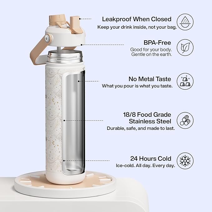 ENCOOL Insulated Water Bottle with Straw Stainless Steel Water Bottle, Leak-Proof, BPA-Free, Double Wall Vacuum Keeps Cold for 24 Hours for Sports, Travel, School (26 oz, Lunaris Whale)