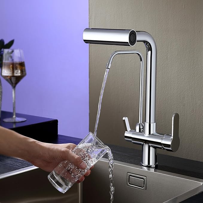 Dual Handles Kitchen Sink Faucet with Drinking Water Faucet, 3 Way Pull Out Kitchen Faucet with 3-Function Sprayer for Water Filtration System, Chrome