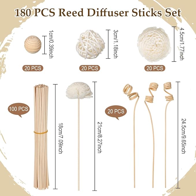 Loopeer 180 Pcs Reed Diffuser Sticks Set - Rattan Fragrance Diffuser and Flower Reed Sticks for Aromatherapy - Natural Volatile Replacement Refill Sticks for Aroma - AquaVibe