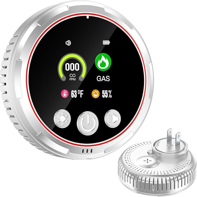 4 in 1 Carbon Monoxide Detectors Plug in, Natural Gas Detector & Carbon Monoxide Detector & Battery Backup, HD Digital Display Monitors CO, Gas, Temp, Humidity - Home Safety for House, RV, Apartment