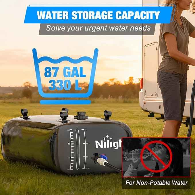 Nilight 87Gal/330L Water Storage Bladder RV Potable Water Bladder Tank Camping 1000D PVC Foldable Collapsible Storage Containers for RV,Carrier,Camping, Agricultural Irrigation,Garden Watering, Black