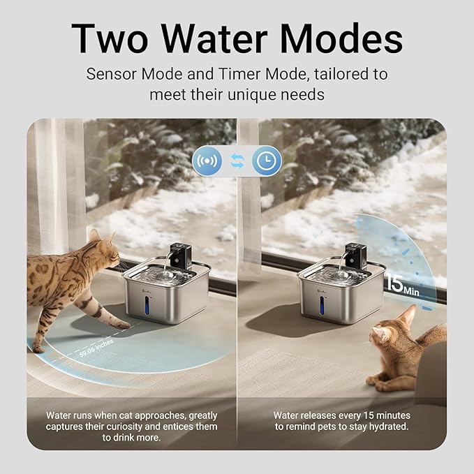 DownyPaws Cat Water Fountain Stainless Steel Wireless, 101 oz/3L FurSink Cordless Water Fountain for Cats, Battery Operated Cat Fountains for Drinking with Motion Sensor, Easy Clean, Metal & 6 Filters