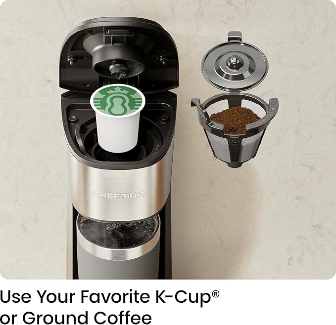CHEFMAN Single Serve Coffee Maker, K Cup Coffee Machine: Compatible with K-Cup Pods and Ground Coffee, Brew 6 to 12oz Cup Drip Coffee Maker, 40oz Water Reservoir, Cup Lift, Filter Included