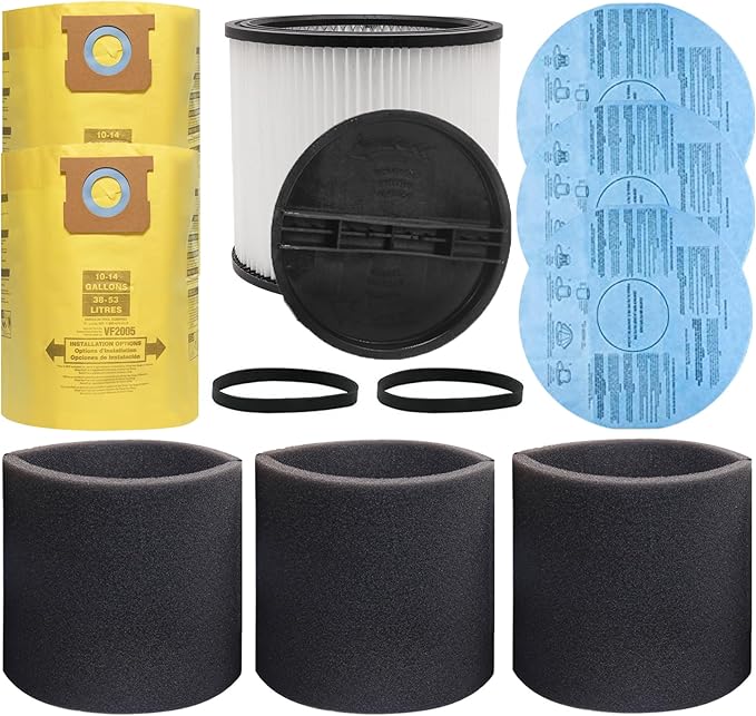 12 PCS Cartridge Filter 90304 Compatible with Shop Vac 90350 90333 5 Gallon and above，with 90585 Foam Filter, 90107 Filter，10-14 Gallon Vacuum Bags,Retaining Bands - AquaVibe