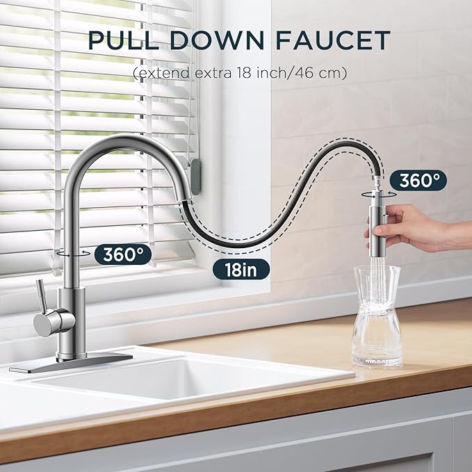 FORIOUS Chrome Kitchen Faucet with Pull Down Sprayer, High Arc Modern Classic Sink Faucet Stainless Steel with Deck Plate Fit for 1 or 3 Hole for Pot Filler Bar Farmhouse Laundry Rv