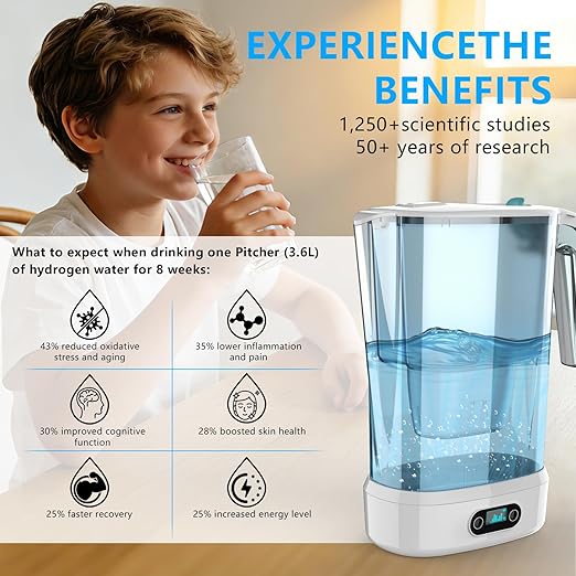 Hydrogen Water Filter Pitcher - BPA Free Rich Hydrogen Water Generator Electrolysis Jug with SPE/PEM. Removes 99% of Lead, Microplastics, PFAS & Chlorine – Advanced UltraFiltration Technology