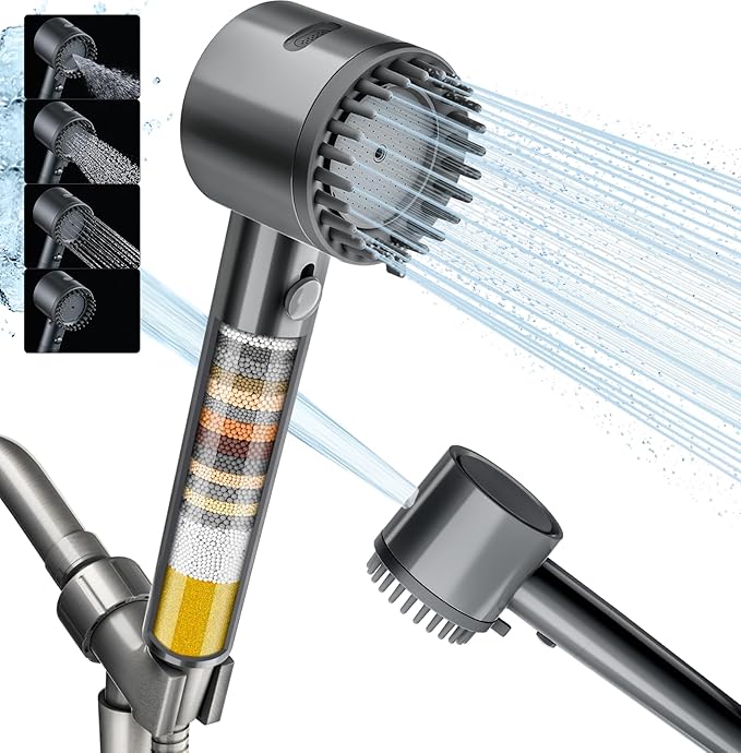 Cobbe Filtered Shower Head with Handheld, High Pressure 5-mode Showerhead with Filters, Built-in Power Wash for Hard Water - Remove Chlorine - Reduces Dry Itchy Skin, Gray - AquaVibe
