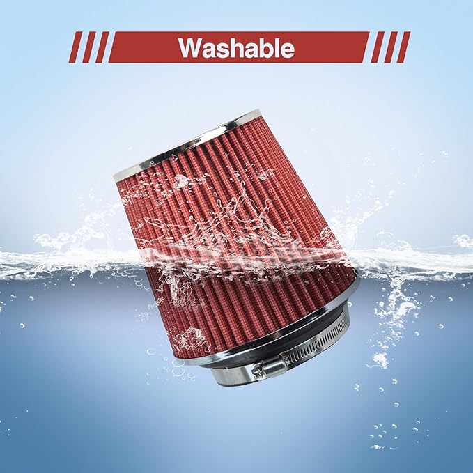 Universal Clamp On Air Intake Filter fits 3 In /3.5 In /4 In Three Different Size, Cone Air Intake Filter（Red）