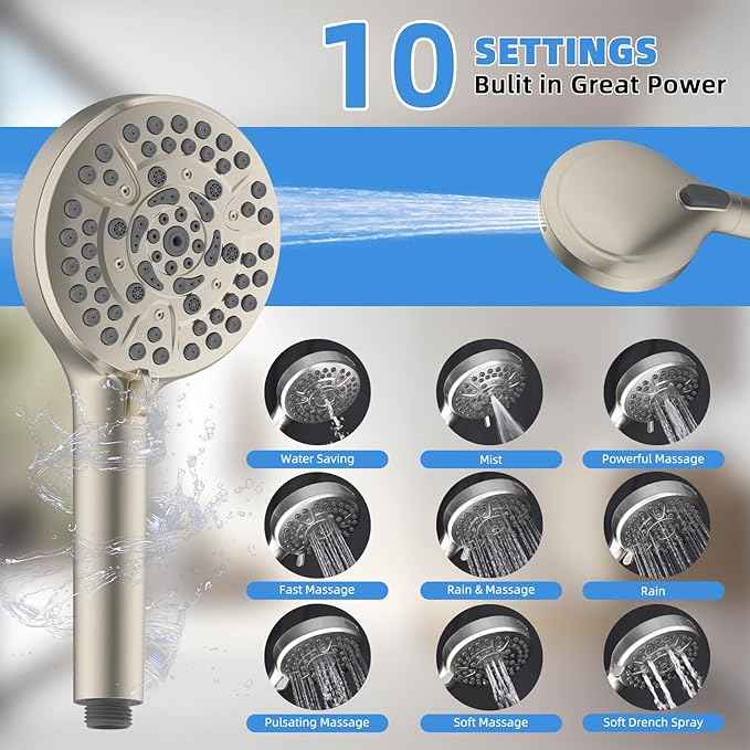 All Metal Shower Head, 8" High Pressure Rainfall/Handheld Shower Combo with 11" Extension Arm, 10-Spray Handheld Showerhead, 71" Long Hose, 3-Way Diverter Valve, Brushed Nickel