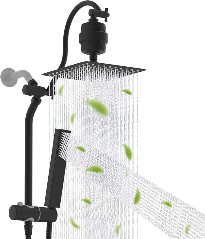 Hibbent All Metal 10'' Filtered Rainfall Shower Head, High Pressure Showerhead combo with 4-mode Handheld Spray, 12'' Extension Arm, Extension Bar with Holder, Shower Filter, Matte Black