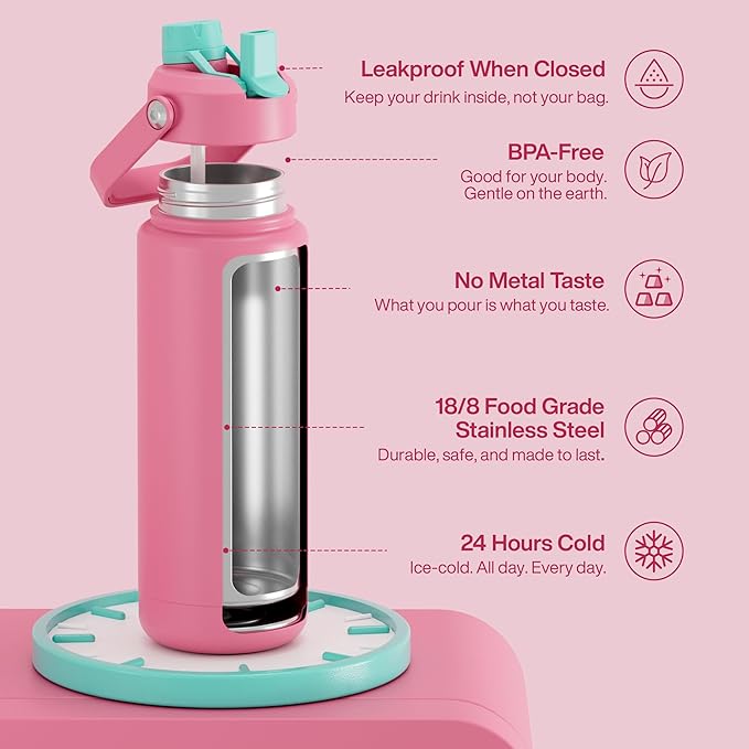 ENCOOL Insulated Water Bottle with Straw Stainless Steel Water Bottle, Leak-Proof, BPA-Free, Double Wall Vacuum Keeps Cold for 24 Hours for Sports, Travel, School (32 oz, Tulip)