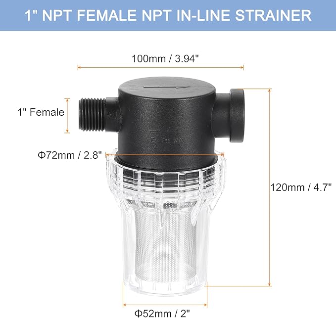 uxcell Pressure Washer Filter 1" NPT Female Thread, Inline Mesh Strainer Attachment, Inlet/Outlet Pipe Strainer, Stainless Steel Screen with Sealant Tape (Size:40 Mesh) - AquaVibe