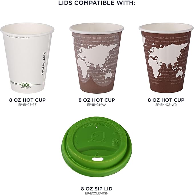 Eco-Products Compostable Coffee Cup Lids, Case of 800, Green Veridian Tops, Fits 8oz Hot Cups, Made from PLA Plastic, A Renewable Material Made from Plants, ASTM, BPI-Certified