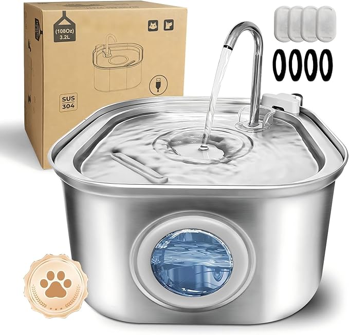 Cat Water Fountain.Stainless Steel Pet Water Dispenser Bowl: 108oz/3.2L.Quiet Pet Water Bowl Dispenser.with Ultra Quiet Pump and Faucet Water Level Window（with 4 Filters and Sponge）