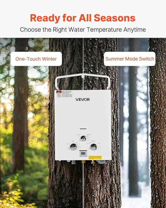 VEVOR 6L Portable Propane Water Heater, 41000 BTU 1.58 GPM Tankless Outdoor Instant Hot Water Heater, LED Screen, Overheat Protection with Accessory Set + Regulator for RV Camping Trips Cabins Barns