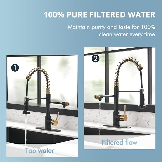 GIMILI Black and Gold Drinking Water Faucet 3 in1 Commercial Style Pull-Down Single Handle Filter Kitchen Faucet for Water Filtration System,Without Water Filtration Device