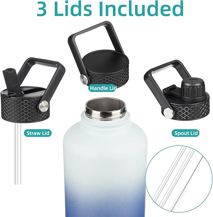 Half Gallon Insulated Water Bottle with Straw,64 oz 3 Lids Water Jug with Carrying Bag,Paracord Handle, Double Wall Vacuum Stainless Steel Metal Flask,Sky (Pack of 2)