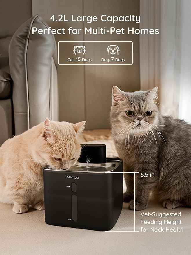 BELLA & PAL Wireless Cat Water Fountain: 4.2L/142oz Stainless Steel, 5000mAh Rechargeable Battery, Smart Motion Sensor, Quiet Integrated Pump, Easy to Clean, Mult-Pet Water Dispenser