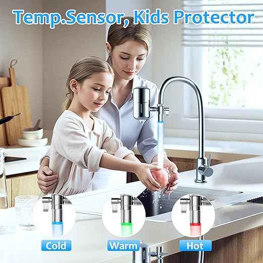WINGSOL Stainless Steel Water Filter for Sink Faucet, NSF/ANSI 42&53, Temp. Sensor LED Light, 360° Rotating Tap Purifier Reduce PFAS, Lead, Chlorine & Microplastics, 350 Gallons Long-Lasting - AquaVibe
