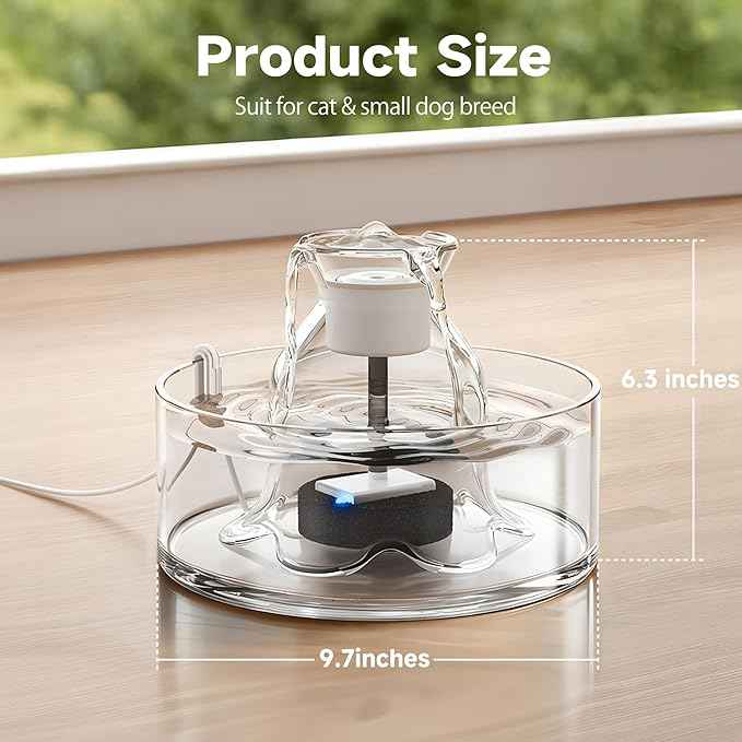 Glass Cat Water Fountain, 2.7L/91 oz Ultra-Quiet Pet Fountain, Automatic Water Dispenser for Cats & Small Dogs, Spill-Resistant Pet Water Bowl, BPA-Free, Includes 2 Filters, Effortless to Clean