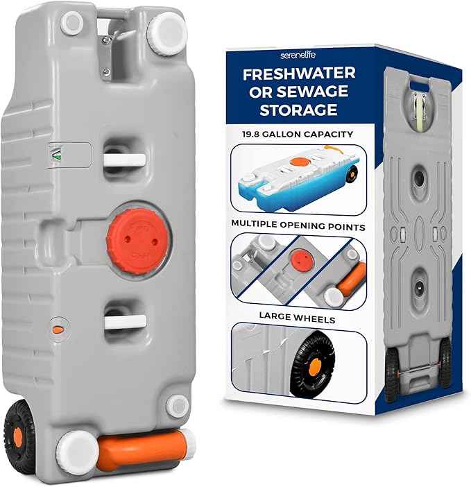 SereneLife 19.8 Gallon / 75L RV Water Tank – Camper Accessories Portable Container with Level Indicator, Rotating Spout, Metal Handle & Heavy-Duty Wheels, Suitable for Freshwater or Sewage Storage