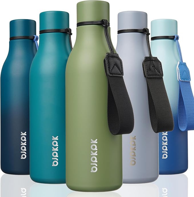 BJPKPK Insulated Water Bottles, 18 oz Stainless Steel Metal Water Bottle with Strap, BPA Free Leak Proof Jugs, Mugs, Flasks, Reusable Thermal Flasks for Sports & Travel, Forest Green